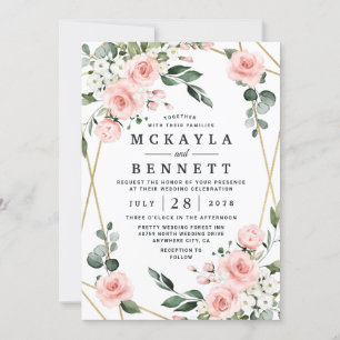 Blush Pink Gold and White Floral Greenery Wedding Invitation