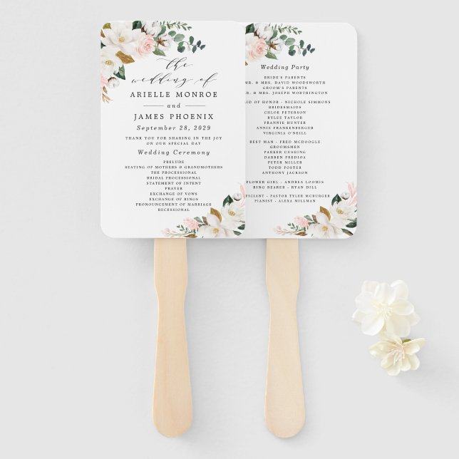 Blush Pink Gold and White Floral Wedding Programs  Hand Fan (Front and Back)