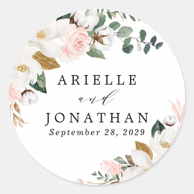 Blush Pink Gold and White Magnolia Floral Wedding Classic Round Sticker (Front)