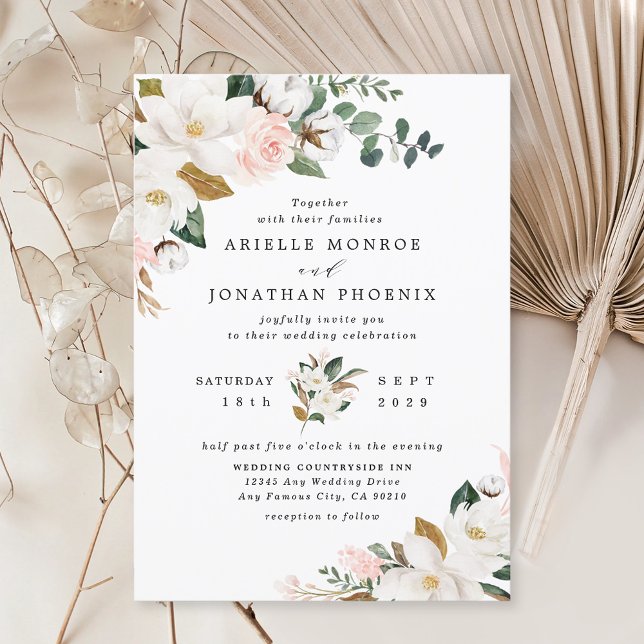 Blush Pink Gold and White Magnolia Floral Wedding Invitation (Creator Uploaded)
