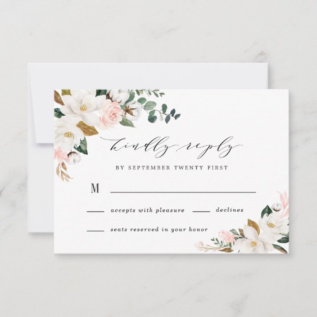 Blush Pink Gold and White Magnolia Floral Wedding RSVP Card (Front)