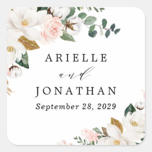 Blush Pink Gold and White Magnolia Floral Wedding Square Sticker