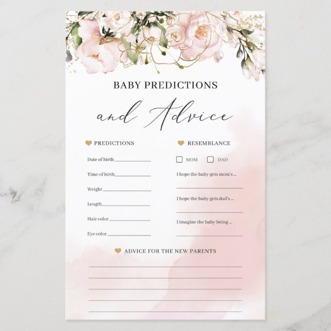 BLush pink gold baby shower predictions and advice (Front)