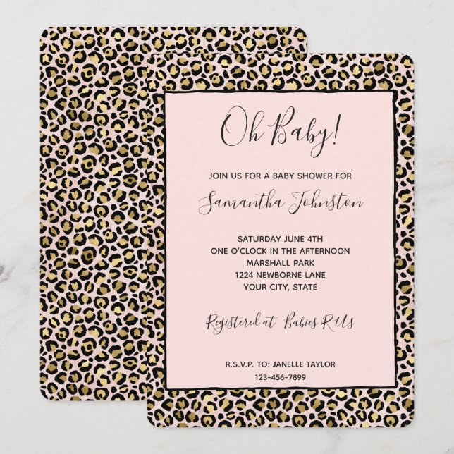 Blush Pink Gold Black Leopard Print Invitation (Front/Back)
