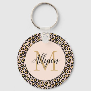Blush Pink Gold Black Leopard Print Monogram Key Ring