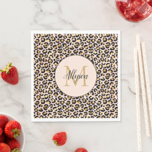 Blush Pink Gold Black Leopard Print Monogram Napkin