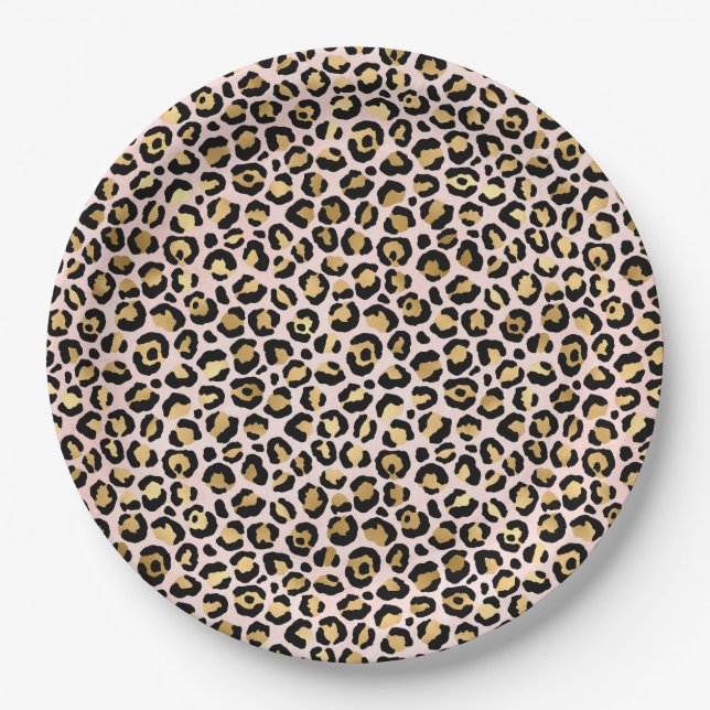 Blush Pink Gold Black Leopard Print   Paper Plate (Front)