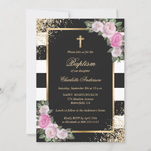 Blush Pink Gold Black Striped Floral Girl Baptism Invitation