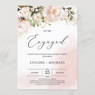 Blush pink gold boho floral engagement party invitation