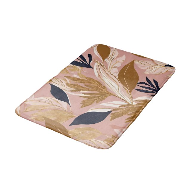Blush Pink Gold Boho Leaves Modern Collection Bath Mat (Angled)
