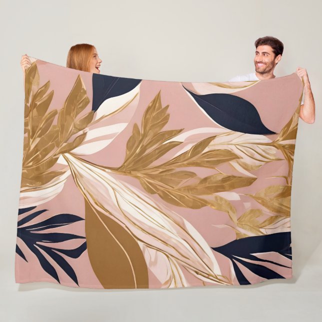 Blush Pink Gold Boho Leaves Modern Collection Fleece Blanket (In Situ)