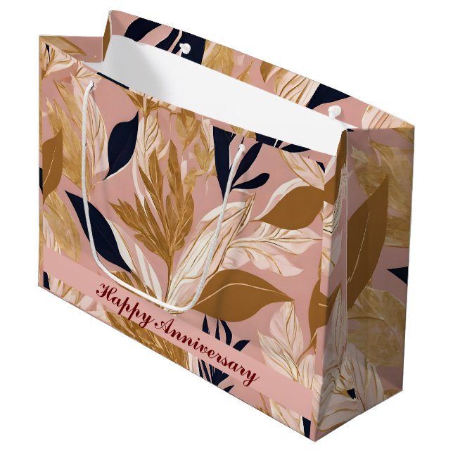 Blush Pink Gold Boho Leaves Modern Collection Large Gift Bag (Front Angled)