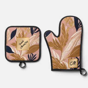 Blush Pink Gold Boho Leaves Modern Collection Oven Mitt & Pot Holder Set