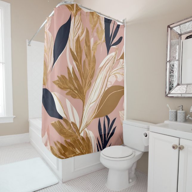 Blush Pink Gold Boho Leaves Modern Collection Shower Curtain (In Situ)