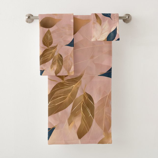 Blush Pink Gold Boho Leaves Popular Collection Bath Towel Set (Insitu)