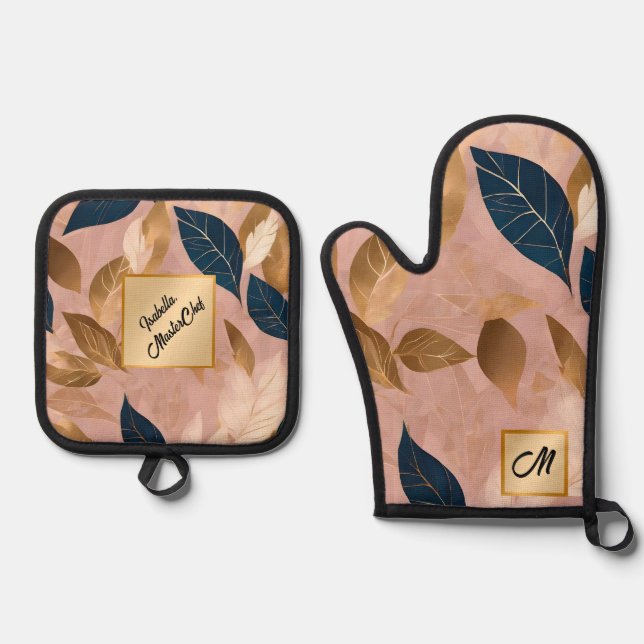 Blush Pink Gold Boho Leaves Popular Collection Oven Mitt & Pot Holder Set (Front)