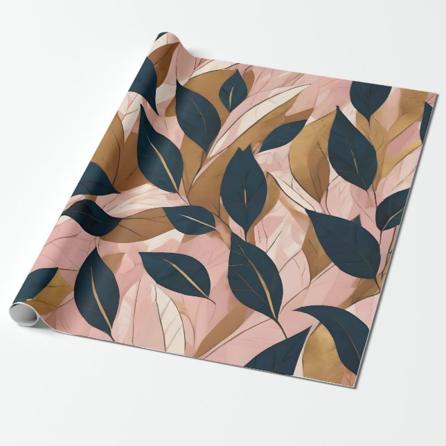Blush Pink Gold Boho Leaves Trendy Collection Wrapping Paper (Unrolled)