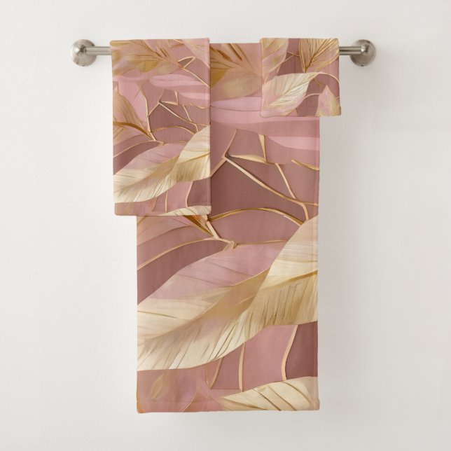 Blush Pink Gold Boho Modern Leaves Collection Bath Towel Set (Insitu)