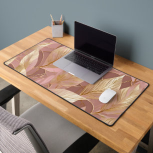 Blush Pink Gold Boho Modern Leaves Collection Desk Mat