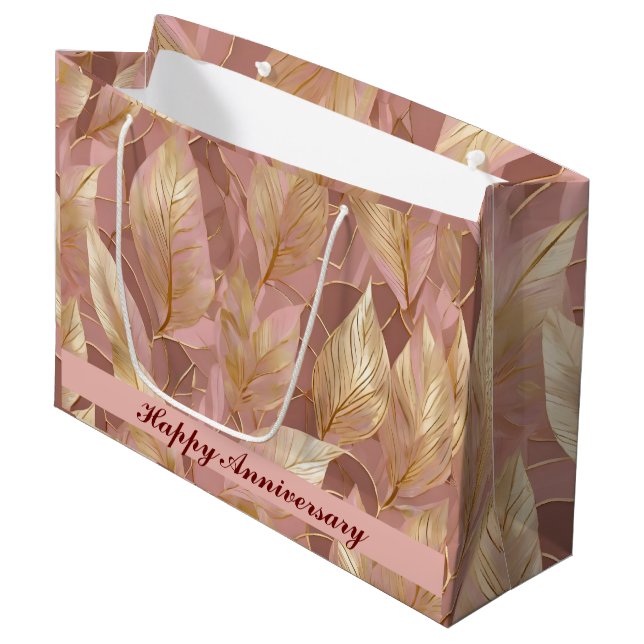 Blush Pink Gold Boho Modern Leaves Collection Large Gift Bag (Front Angled)