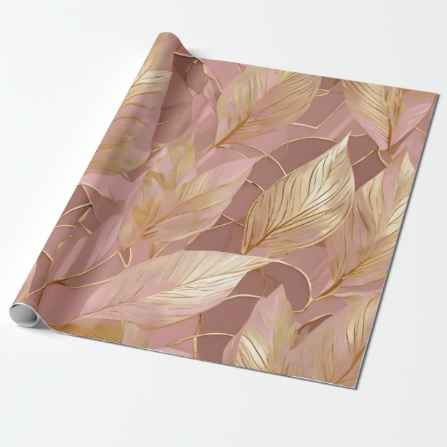 Blush Pink Gold Boho Modern Leaves Collection Wrapping Paper (Unrolled)