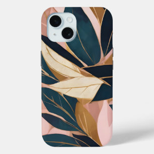Blush Pink Gold Boho Trendy Leaves Collection iPhone 15 Case