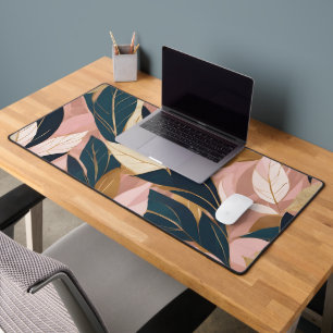 Blush Pink Gold Boho Trendy Leaves Collection Desk Mat
