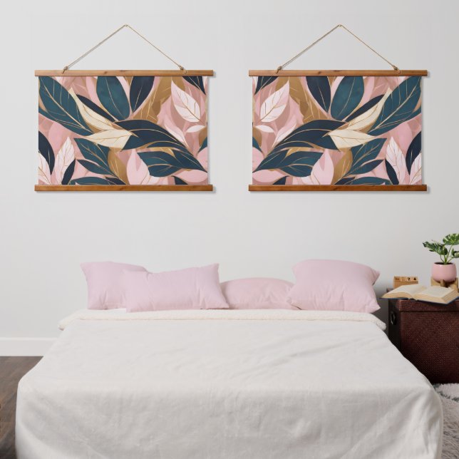 Blush Pink Gold Boho Trendy Leaves Collection Hanging Tapestry (Bedroom)