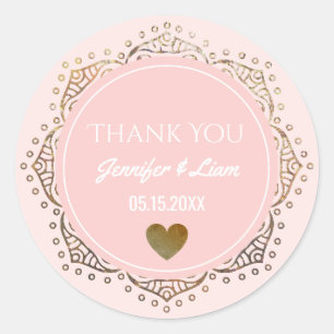 Blush Pink Gold Boho Wedding Heart Thank You Favou Classic Round Sticker
