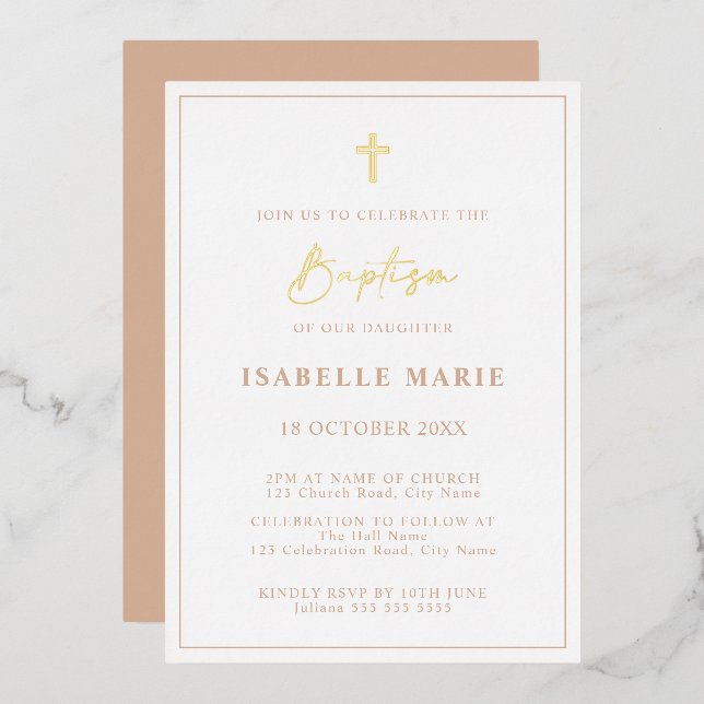 Blush Pink & Gold Boy Baptism Foil Invitation (Front/Back)