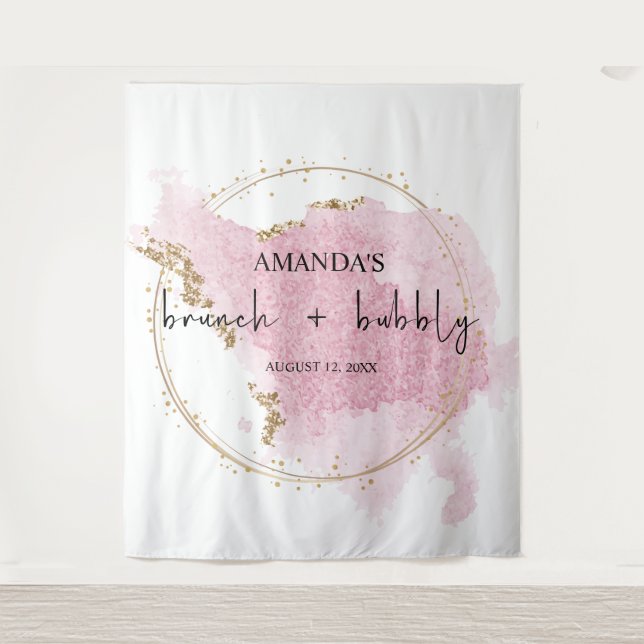 Blush Pink Gold Brunch and Bubbly Photo Backdrop Tapestry (Front)