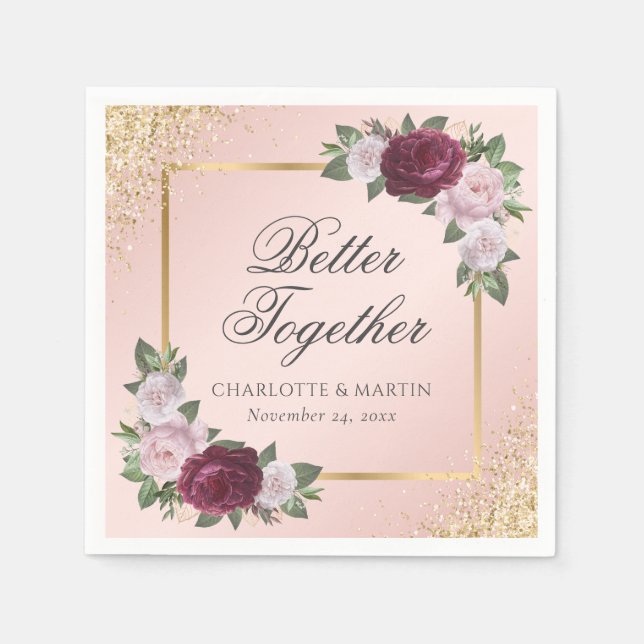Blush Pink Gold Burgundy Floral Wedding Napkin (Front)