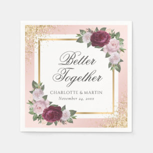 Blush Pink Gold Burgundy Floral Wedding Napkin