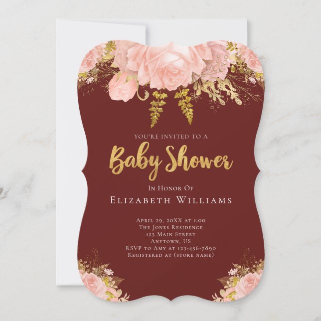 Blush Pink Gold Burgundy Flower Girl Baby Shower Invitation (Front)