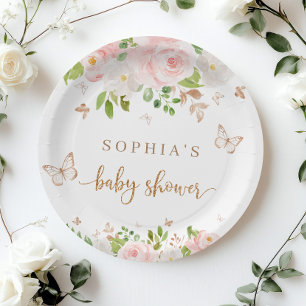 Blush pink, gold butterflies baby shower paper plate
