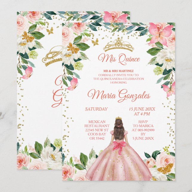 Blush Pink & Gold Butterfly Mis Quince Invitation (Front/Back)