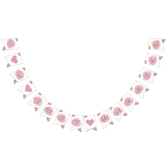 Blush Pink Gold Calligraphy Floral Elegant Wedding Bunting (All)