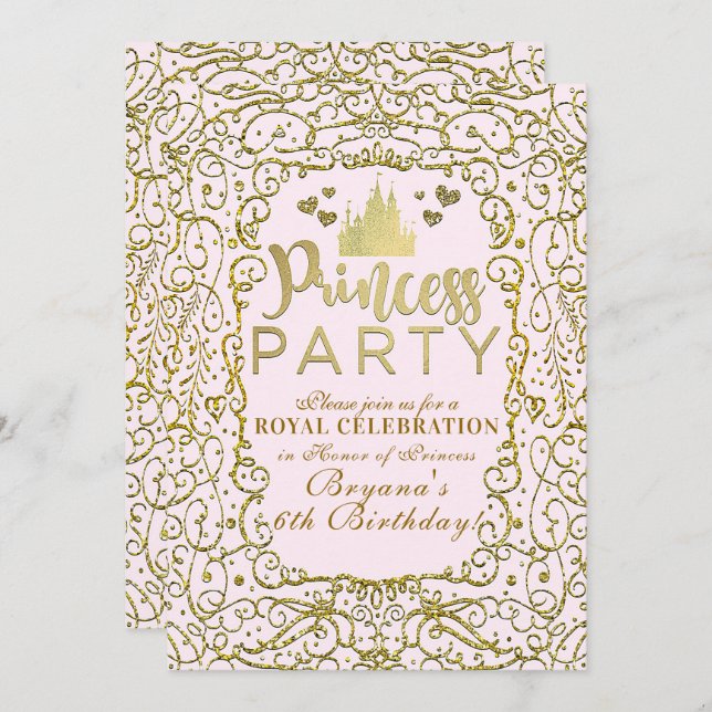 Blush Pink & Gold Castle PRINCESS PARTY Birthday Invitation (Front/Back)