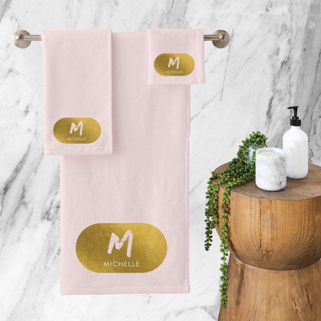 Blush Pink Gold Chic Feminine Monogram Initial Bath Towel Set (Creator Uploaded)