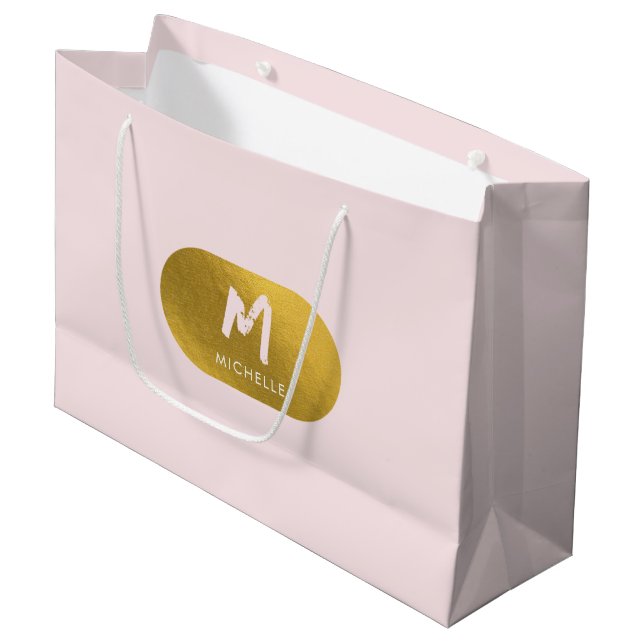 Blush Pink Gold Chic Feminine Monogram Initial Large Gift Bag (Front Angled)