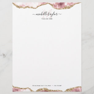 Blush Pink Gold Chic Glitter Gold Agate Monogram   Custom Letterhead