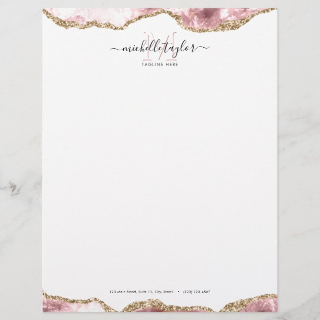 Blush Pink Gold Chic Glitter Gold Agate Monogram   Custom Letterhead (Front)