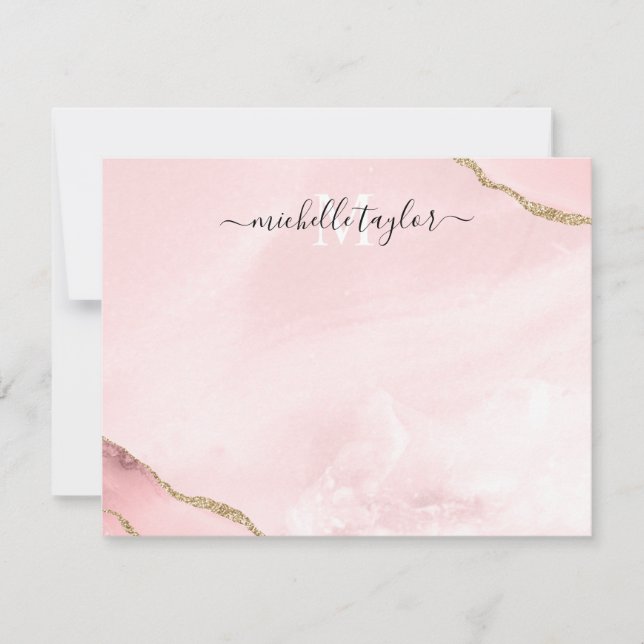 Blush Pink Gold Chic Glitter Gold Agate Monogram N Card (Front)