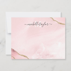 Blush Pink Gold Chic Glitter Gold Agate Monogram N Card