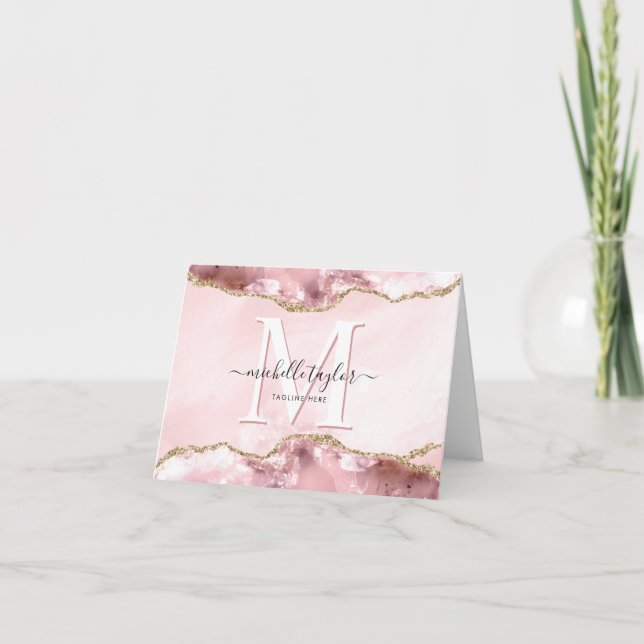 Blush Pink Gold Chic Glitter Gold Agate Monogram   Note Card (Front)