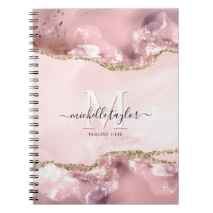 Blush Pink Gold Chic Glitter Gold Agate Monogram Notebook