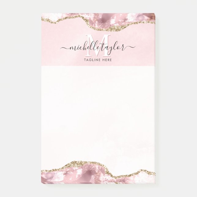Blush Pink Gold Chic Glitter Gold Agate Monogram   Post-it Notes (Front)