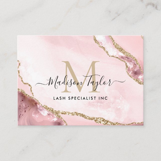 Blush Pink Gold Chic Glitter Marble Agate Monogram Business Card (Front)