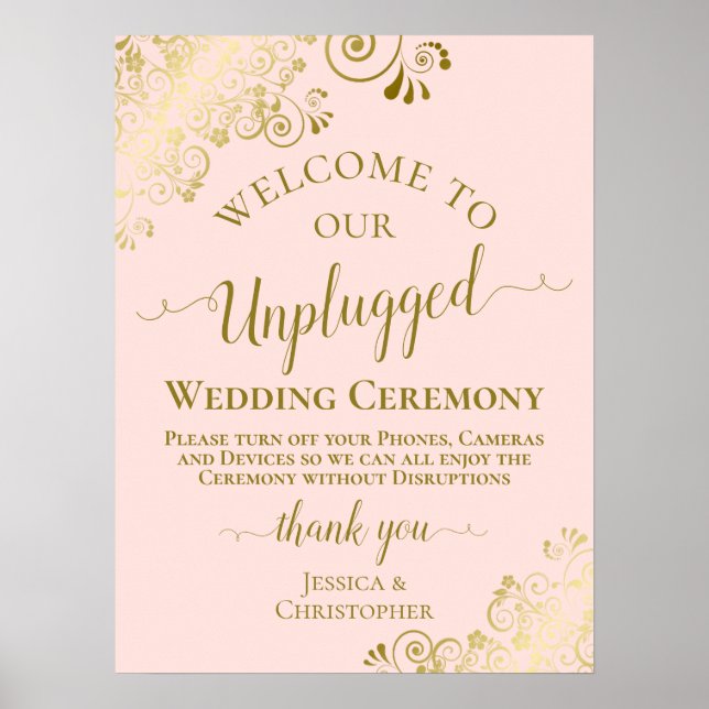 Blush Pink & Gold Chic Unplugged Wedding Ceremony Poster (Front)