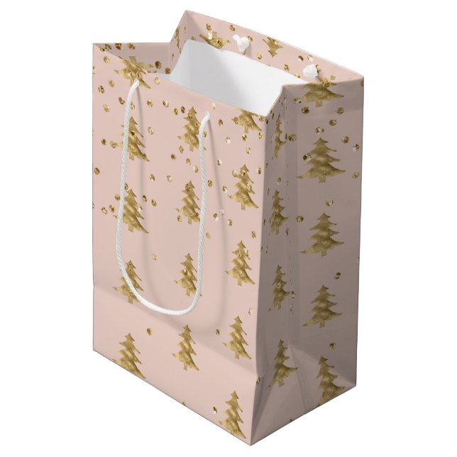 Blush Pink Gold Christmas Tree Stripes Sparkle Medium Gift Bag (Front Angled)